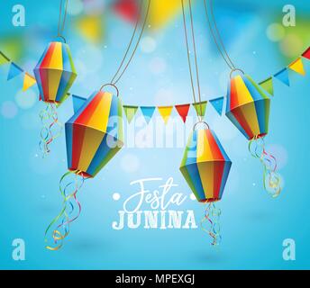 Festa Junina Illustration avec drapeaux de parti et lanterne de papier sur fond bleu. Brésil Juin Vector Design Festival de carte de Vœux, invitation ou maison de l'affiche. Illustration de Vecteur