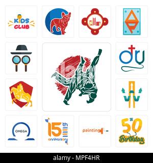 Ensemble de 13 icônes modifiable simple comme le judo, 50e anniversaire, l'entreprise de peinture, 15ème anniversaire, omega, w avec la flèche, chevalier à cheval, dr., privé de Illustration de Vecteur
