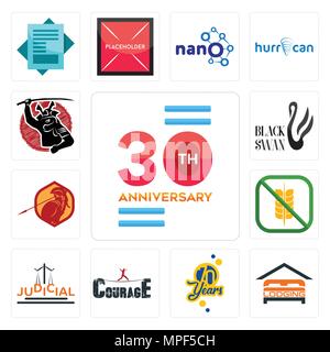 Ensemble de 13 icônes modifiable simple comme le 30 e anniversaire, l'hébergement, 70 ans, du courage, de la justice, sans gluten, sparte, Black Swan, peut être utilisé pour le mobile, Illustration de Vecteur