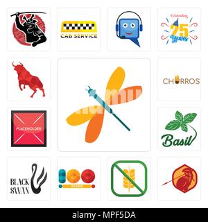 Ensemble de 13 icônes modifiable simple comme libellule, sparte, sans gluten, 100 ans, Black Swan, le basilic, l'espace réservé, churros, Bull peut être utilisé pour mobile Illustration de Vecteur