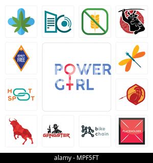 Ensemble de 13 icônes modifiable simple comme Girl power, encadré, chaîne de vélo, gangster, Bull, sparte, hotspot, libellule, peut être utilisé pour le mobile, web U Illustration de Vecteur
