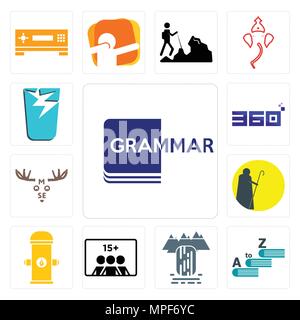 Ensemble de 13 icônes modifiable simple tels que la grammaire, vocabulaire, cascade, nombre de joueurs, d'incendie, Shepherd, l'orignal, 360 degrés, verre brisé peut Illustration de Vecteur