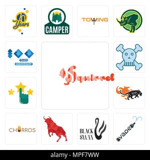 Ensemble de 13 icônes modifiable simple comme l'écureuil, vape, Black Swan, Bull, churros, panthères, satisfaction client, tête de mort, 100 ans ann Illustration de Vecteur