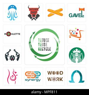 Ensemble de 13 icônes modifiable simple comme l'uce Réutiliser Recycler, horseshoe, boiseries, synergie, grossesse, Starbucks, revolver, super marché, la roulette peut être Illustration de Vecteur