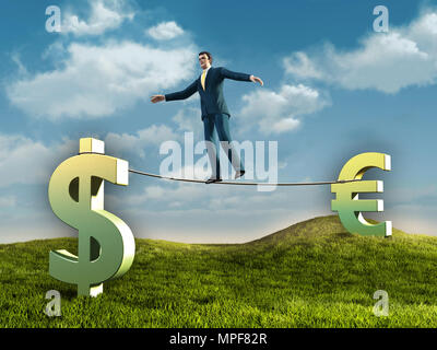 Businessman walking sur une corde reliant certaines monnaies des symboles. Diigtal illustration. Banque D'Images