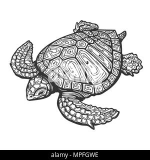Tortue de mer dessiné dans le style de tatouage. Vector Illustration Illustration de Vecteur