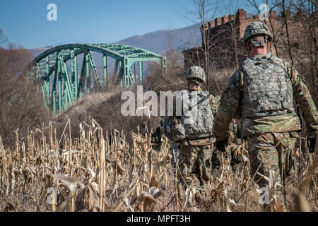 Des soldats du groupement tactique multinational est, y compris des unités de l'armée polonaise, effectuent des patrouilles à pied jusqu'à la ligne de démarcation administrative avec les forces serbes au Kosovo. Les patrouilles, qui font partie de la Force de l'OTAN au Kosovo, assurent le respect de la résolution 1244 du Conseil de sécurité des Nations Unies, maintiennent la paix et la stabilité et soutiennent la coordination entre les forces de la coalition. Ces opérations développent l'interopérabilité, la sensibilisation à la sécurité et la préparation aux missions multinationales de maintien de la paix et de surveillance. Banque D'Images
