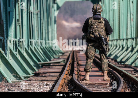 Les soldats de l'armée polonaise du 4e régiment d'artillerie de défense aérienne établissent un premier contact avec les forces armées serbes le long de la frontière administrative Kosovo-Serbie. Cette interaction fait partie des patrouilles de la KFOR visant à assurer le respect de la résolution 1244 du Conseil de sécurité des Nations Unies et de l'Accord militaro-technique, à maintenir la sécurité, à appuyer le maintien de la paix et à coordonner les opérations multinationales dans un environnement contrôlé et stable. Banque D'Images