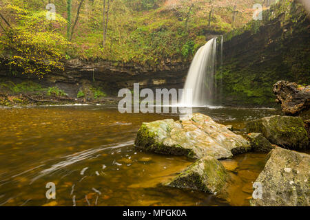 Cascade de Sgwd Gwladus (Lady's Falls) sur Afon Pyrddin dans le parc national de Bannau Brycheiniog (Brecon Beacons) près de Pontneddfechan, Powys, pays de Galles. Banque D'Images