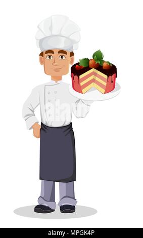 Beau Baker en uniformité professionnelle et chef hat holding cake avec du chocolat et des fraises. Joyeux personnage. Vector illustration sur w Illustration de Vecteur