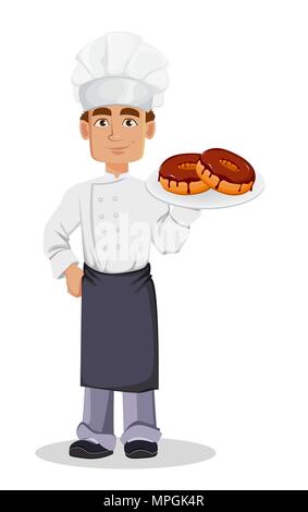 Beau Baker en uniformité professionnelle et chef hat maintenant la plaque avec les beignets. Joyeux personnage. Vector illustration sur fond blanc. Illustration de Vecteur