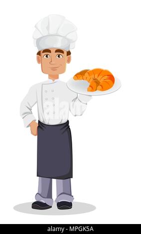 Beau Baker en uniformité professionnelle et chef hat holding pains frais. Joyeux personnage. Vector illustration sur fond blanc. Illustration de Vecteur