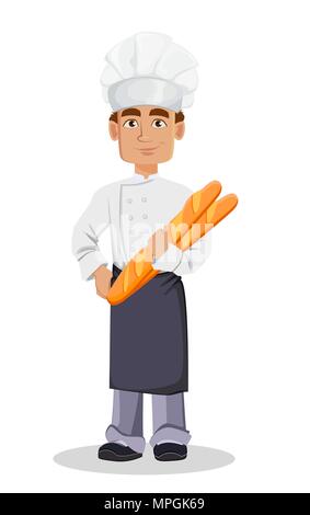 Beau Baker en uniformité professionnelle et chef hat holding les baguettes. Joyeux personnage. Vector illustration sur fond blanc. Illustration de Vecteur