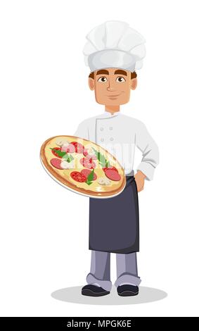 Beau Baker en uniformité professionnelle et chef hat holding pizza savoureuse. Joyeux personnage. Vector illustration sur fond blanc. Illustration de Vecteur