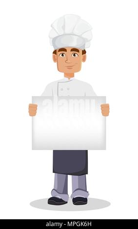 Beau Baker en uniformité professionnelle et chef hat holding blank placard. Joyeux personnage. Vector illustration sur fond blanc. Illustration de Vecteur