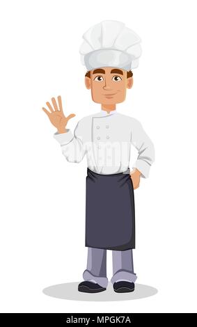 Beau Baker en uniformité professionnelle et chef hat en agitant la main. Joyeux personnage. Vector illustration sur fond blanc. Illustration de Vecteur