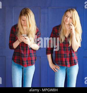 Fille dans un chandail rouge à parler au téléphone et en tapant un message près du mur bleu. Diptyque Banque D'Images