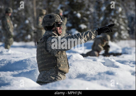 Un parachutiste attribué à l'entreprise de chien, 3e Bataillon, 509e Parachute Infantry Regiment d'infanterie, 4e Brigade Combat Team (Airborne), 25e Division d'infanterie de l'armée américaine, l'Alaska, dirige d'autres soldats dans le cadre de machine gun de tir réel à gamme Grezelka, Joint Base Elmendorf-Richardson, Alaska, le 28 février 2017. Les parachutistes engager des objectifs pratiquée à diverses distances en utilisant le M240B machine gun et la marque 19 lance-grenades de 40 mm machine gun. (U.S. Air Force photo/Alejandro Pena) Banque D'Images