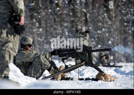 Un parachutiste attribué à l'entreprise de chien, 3e Bataillon, 509e Parachute Infantry Regiment d'infanterie, 4e Brigade Combat Team (Airborne), 25e Division d'infanterie de l'armée américaine en Alaska, les incendies une marque 19 lance-grenades de 40 mm machine gun tout en menant la formation au tir réel gamme Grezelka, Joint Base Elmendorf-Richardson, Alaska, le 28 février 2017. Les parachutistes engager des objectifs pratiquée à diverses distances en utilisant le M240B machine gun et la marque 19 lance-grenades de 40 mm machine gun. (U.S. Air Force photo/Alejandro Pena) Banque D'Images