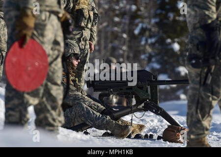 Un parachutiste attribué chien Company, 3e Bataillon, 509e Parachute Infantry Regiment d'infanterie, 4e Brigade Combat Team (Airborne), 25e Division d'infanterie de l'armée américaine en Alaska, attend d'être admissibles à l'aide d'une marque 19 grenade 40 mm machine gun sur Grezelka gamme at Joint Base Elmendorf-Richardson, Alaska, Feb 28, 2017. L'Armée américaine de l'Alaska est la maison pour l'Armée de l'air du Pacifique seulement Brigade Combat Team, et maintient la seule capacité de réaction rapide aérienne dans le Pacifique. (U.S. Air Force photo/Justin Connaher) Banque D'Images