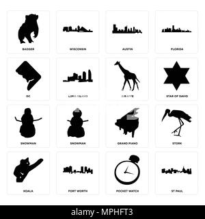Ensemble de 16 icônes modifiable simple comme St Paul, montre de poche, Fort Worth, koala, Stork, Badger, dc, bonhomme, la girafe peut être utilisé pour le mobile, l'interface utilisateur web Illustration de Vecteur