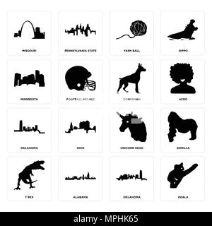 Ensemble de 16 icônes modifiable simple comme koala, Oklahoma, Texas, t rex, le gorille, le Missouri, le Minnesota, le dobermann peut être utilisé pour le mobile, l'interface utilisateur web Illustration de Vecteur