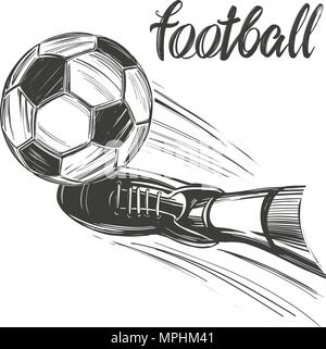 Football, ballon de football, jeu de sport, texte calligraphié, signe de l'emblème dessiné à la main, croquis d'illustration vectorielle Illustration de Vecteur