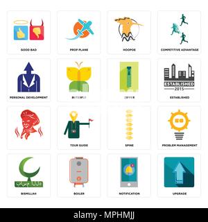 Ensemble de 16 icônes modifiable simples telles que la mise à niveau, notification, chaudières, bismillah, la gestion des problèmes, bon mauvais, développement personnel, fermeture éclair , peut être Illustration de Vecteur