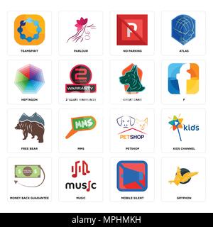 Ensemble de 16 icônes modifiable simple comme gryphon, mobile, la musique silencieuse, garantie de dos d'argent, mini chaîne, teamspirit, heptagone, ours, grand danois Illustration de Vecteur