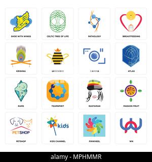Ensemble de 16 icônes modifiable simple comme wn, colorent, mini chaîne, Ark of Treasure, fruit de la passion, chaussure avec ailes, Krishna, béliers, appareil photo peut être utilisé pour mob Illustration de Vecteur