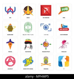 Ensemble de 16 icônes modifiable simple comme f, Krishna, chaussure avec ailes, l'anarchie, parlour, wn, Queen Bee, voyage, appareil photo peut être utilisé pour le mobile, l'interface utilisateur web Illustration de Vecteur