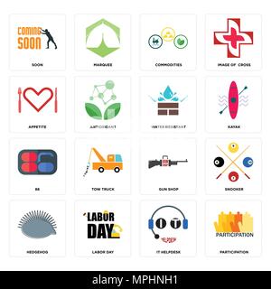 Ensemble de 16 icônes modifiable simples tels que la participation, l'assistance informatique, la fête du travail, hérisson, snooker, bientôt, l'appétit, 86, résistant à l'eau peut être utilisé pour Illustration de Vecteur