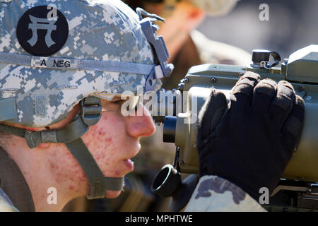 L'ARMÉE AMÉRICAINE Pvt. Daniel Malo, un incendie Spécialiste des contrôles avec la 101st Airborne Division (Air Assault), utilise un télémètre désignateur laser léger 2H pour fournir un appui-feu acquisition d'objectifs et de reconnaissance au cours de l'appui aérien rapproché avec la formation des pilotes aux commandes d'un AH-1W Super Cobra hélicoptère de combat et d'un hélicoptère UH-1Y Venom au cours de l'exercice guerrier 78-17-01 le 17 mars, 2017 at Joint Base McGuire-Dix-Lakehurst. Contrôles d'incendie affectés au siège de spécialiste et le Siège Batterie, 3e Bataillon, 320e Régiment d'artillerie, avec la direction de la Société A (EAS Banque D'Images