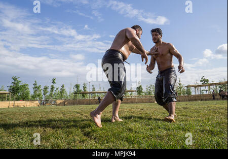 Des personnes non identifiées, effectuer la lutte de l'huile d'huile ou de la graisse.wrestling wrestling (Yagli Gures) est un ressortissant turc sport.Istanbul,Turquie,Mai 11,2018 Banque D'Images