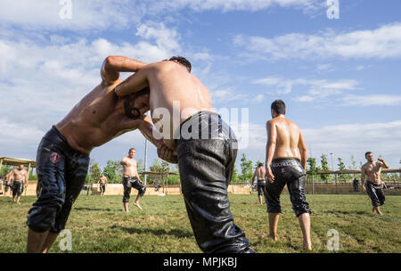 Des personnes non identifiées, effectuer la lutte de l'huile d'huile ou de la graisse.wrestling wrestling (Yagli Gures) est un ressortissant turc sport.Istanbul,Turquie,Mai 11,2018 Banque D'Images