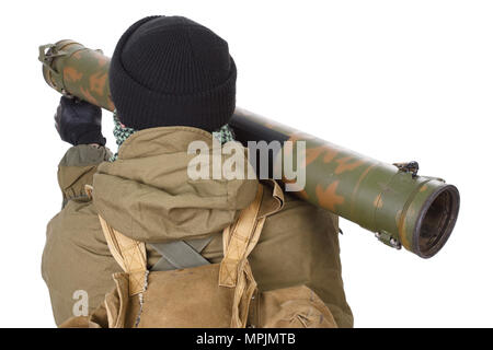 Fighter avec RPG rocket launcher isolated on white Banque D'Images