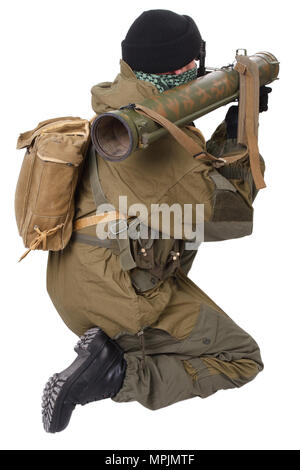 Fighter avec RPG rocket launcher isolated on white Banque D'Images