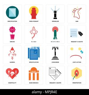 Ensemble de 16 icônes modifiable simple comme la pénétration, demandez un devis, de la direction générale de la Banque mondiale, d'accueil, coût uction, spécification, orchidée, Ganesh, penetratio Illustration de Vecteur