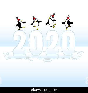 Quatre pingouins parti heureux, dansait sur les chapeaux de dégel 2020 sur humide flaque contre un horizon bleu Banque D'Images