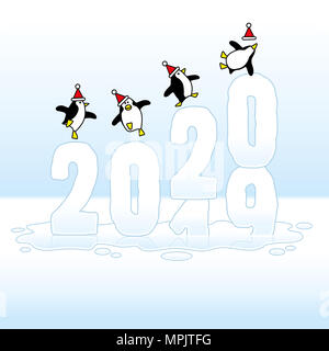 Quatre pingouins parti heureux, dansait sur les chapeaux de l'évolution 2019-2020 Année 2043 Naufrage in Puddle Banque D'Images