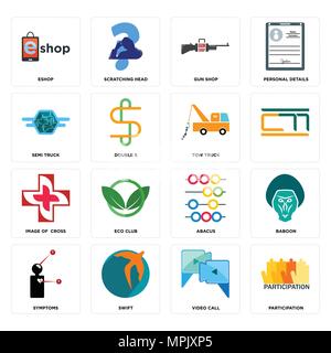 Ensemble de 16 icônes modifiable simples tels que la participation, l'appel vidéo, SWIFT, symptômes, babouin, eshop, semi truck, image de la dépanneuse, peuvent être utilisés Illustration de Vecteur