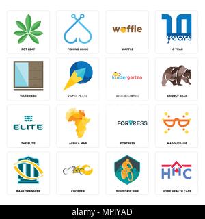 Ensemble de 16 icônes modifiable simple tel que la maison de santé, vtt, broyeur, transfert bancaire, la mascarade, pot leaf, armoire, l'élite, kindergart Illustration de Vecteur