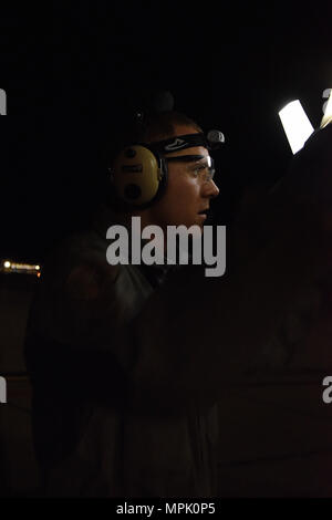 Airman Senior Alexander Arndt, 124e Escadron de maintenance, chef de l'équipe prépare un A-10 Thunderbolt II dans le cadre de prendre congé pendant la nuit à la formation périodique Gowen Field, Boise, Idaho le 20 mars 2017. (U.S. Air National Guard photo par le Sgt. Becky Vanshur/libérés) Banque D'Images