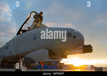 Airman Senior Alexander Arndt, un chef d'équipe avec la 124e Escadre de chasse, Boise, Idaho, prépare un A-10 Thunderbolt II pour le vol le 20 mars 2017, à la 124e Escadre de chasse. L'A-10 Thunderbolt II est conçu pour l'appui aérien rapproché des forces terrestres. Banque D'Images