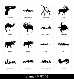 Ensemble de 16 icônes modifiable simple comme la crevette, l'état de l'Ohio, en Louisiane, l'Utah, l'état d'illinois, handgun, chameau, l'orignal, au Michigan peut être utilisé pour mobile Illustration de Vecteur