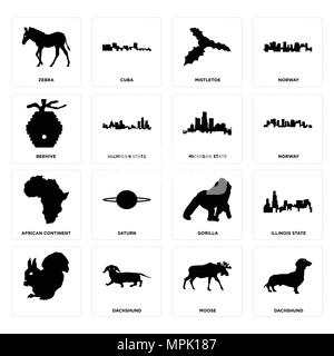 Ensemble de 16 icônes modifiable simple comme le teckel, orignal, , Illinois State, zèbre, ruche, continent africain, Michigan State peut être utilisé pour le mobile, Illustration de Vecteur