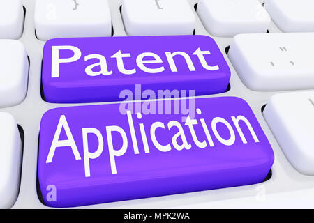 3D illustration de clavier de l'ordinateur avec le script demande de brevet sur deux boutons violet Banque D'Images