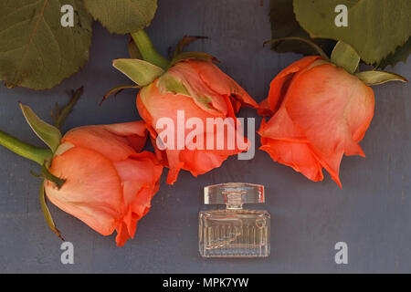 Flacon de parfum miniature suivant pour les trois roses sur fond de bois Banque D'Images