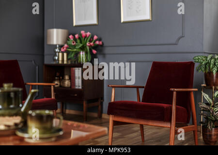 Gros plan d'un fauteuil en velours rouge, debout dans un flou intérieur d'une salle de séjour avec des meubles en bois et des moulures sur les murs gris. Du vrai phot Banque D'Images