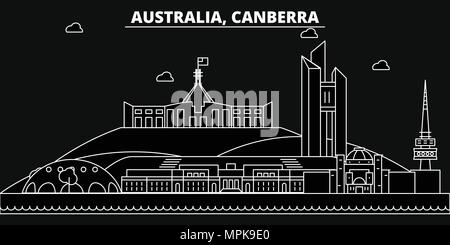 Skyline silhouette de Canberra. Australie - Canberra, ville vecteur linéaire de l'Australie, de l'architecture des bâtiments. Illustration de voyage Canberra, contours de repère. L'Australie, l'icône plate ligne australienne banner Illustration de Vecteur